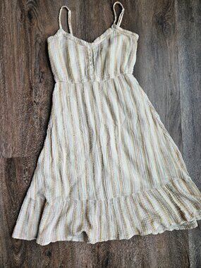 Aerie 100% cotton women's cream pink green striped midi summer boho dress small